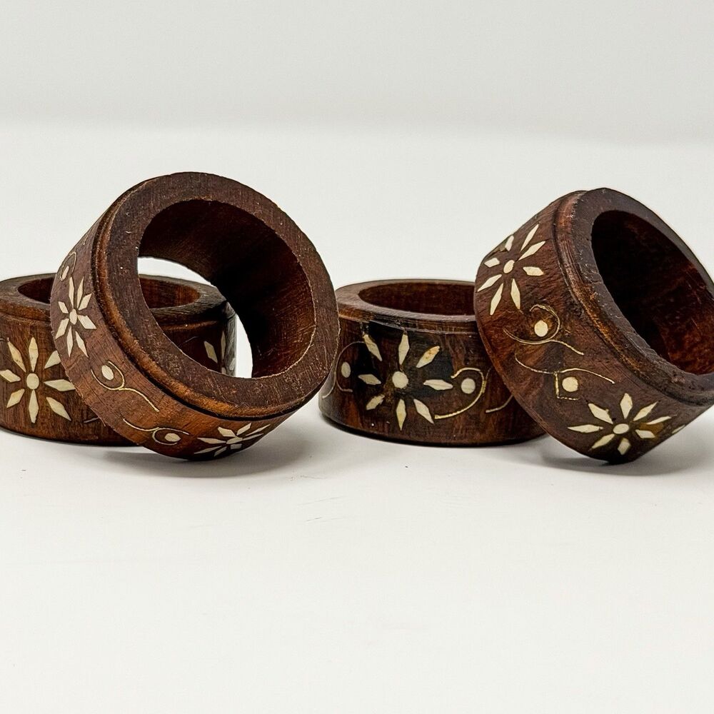 Vintage Wooden Flower Inlay Made In India Napkin Rings Set Of Four
